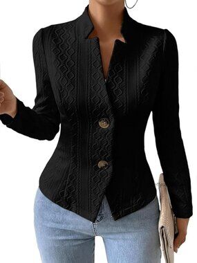 Petite Jacquard Sweater Blazer - Slim Fit V-Neck Work Coat